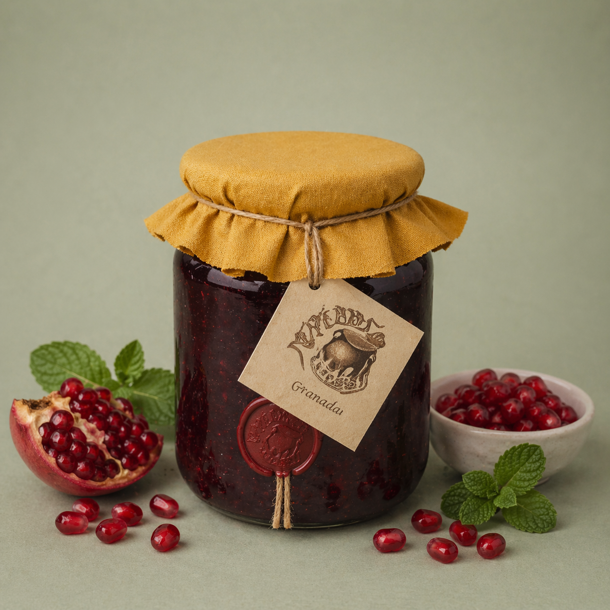 Tarro de mermelada artesanal de granada con tela y cuerda, rodeado de granadas y hojas frescas.