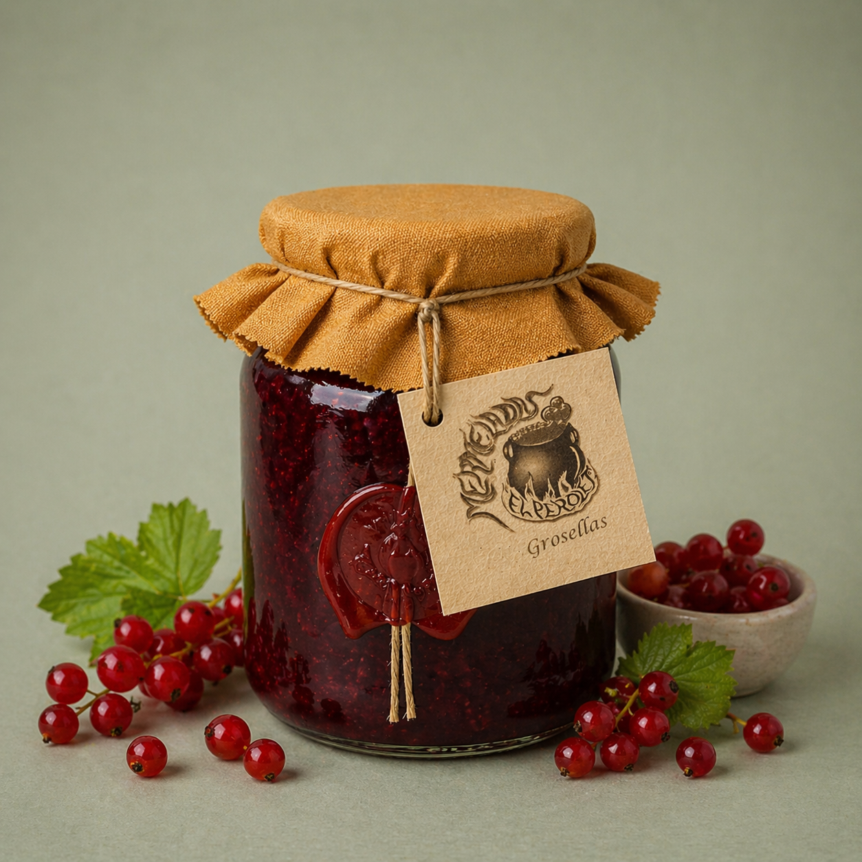Tarro de mermelada artesanal de grosellas con tela y cuerda, rodeado de racimos de grosellas frescas.