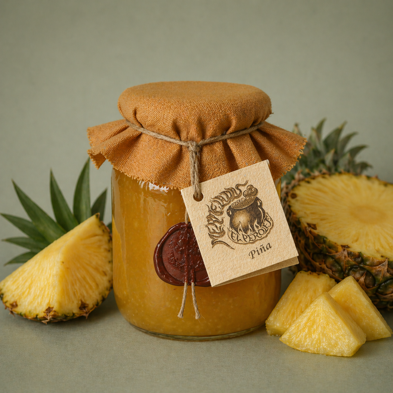 Tarro de mermelada artesanal de piña con tela y cuerda, acompañado de piña fresca cortada.