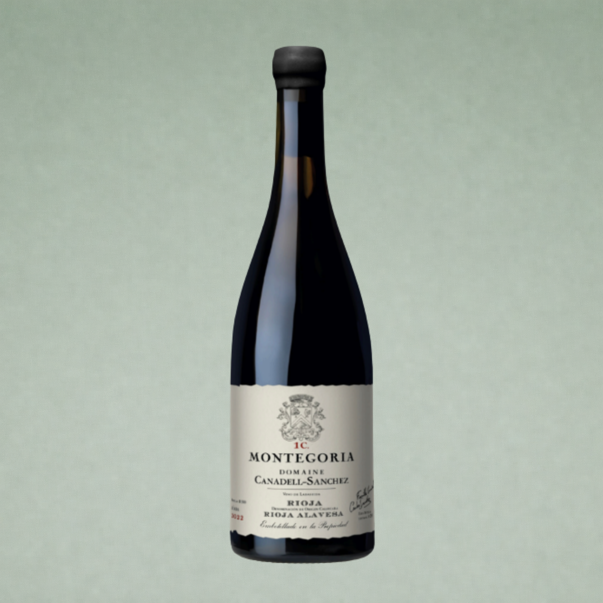 Vino tinto Montegoria Domaine Canadell Sanchez Rioja botella sobre fondo verde