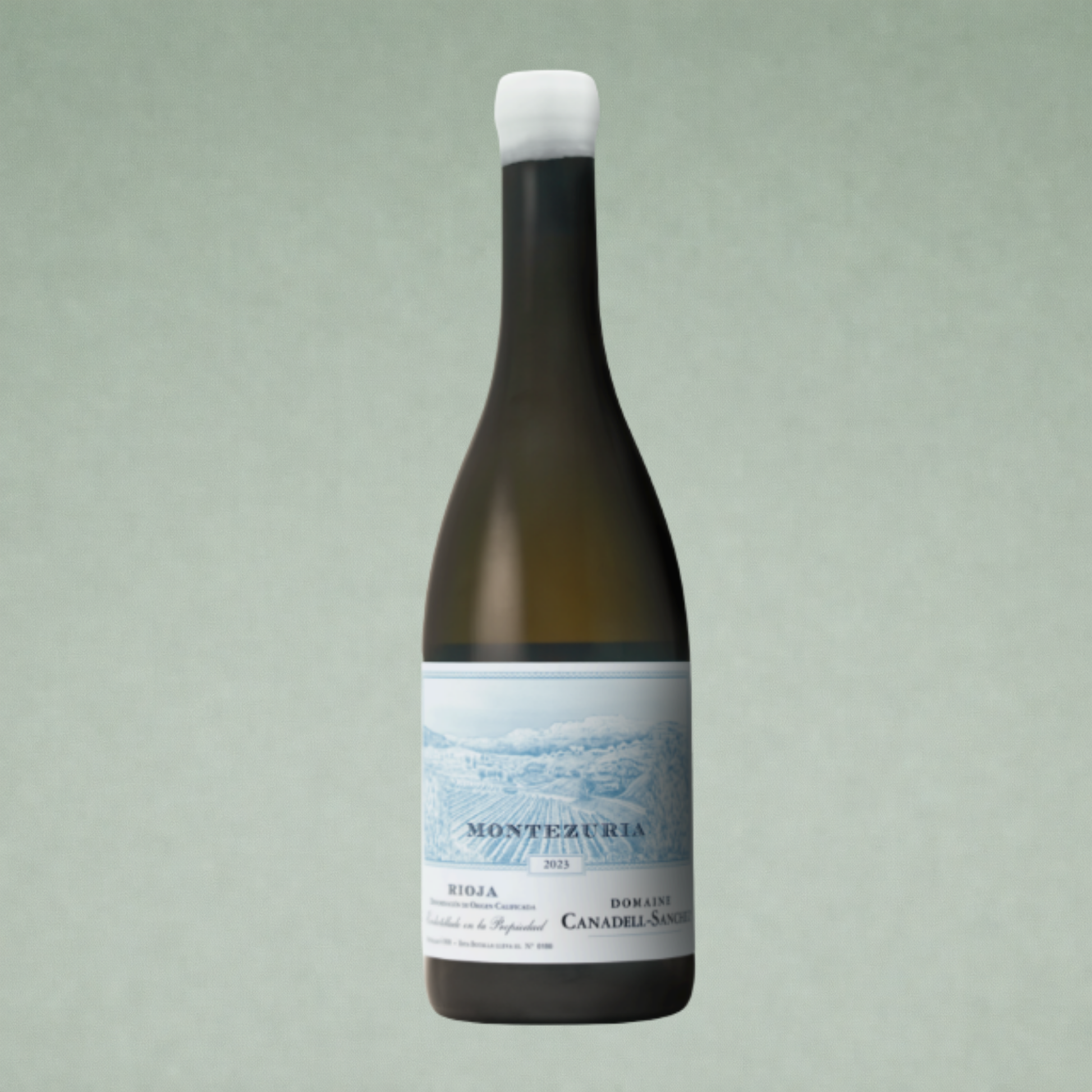 Vino blanco Montezuría Rioja botella sobre fondo verde