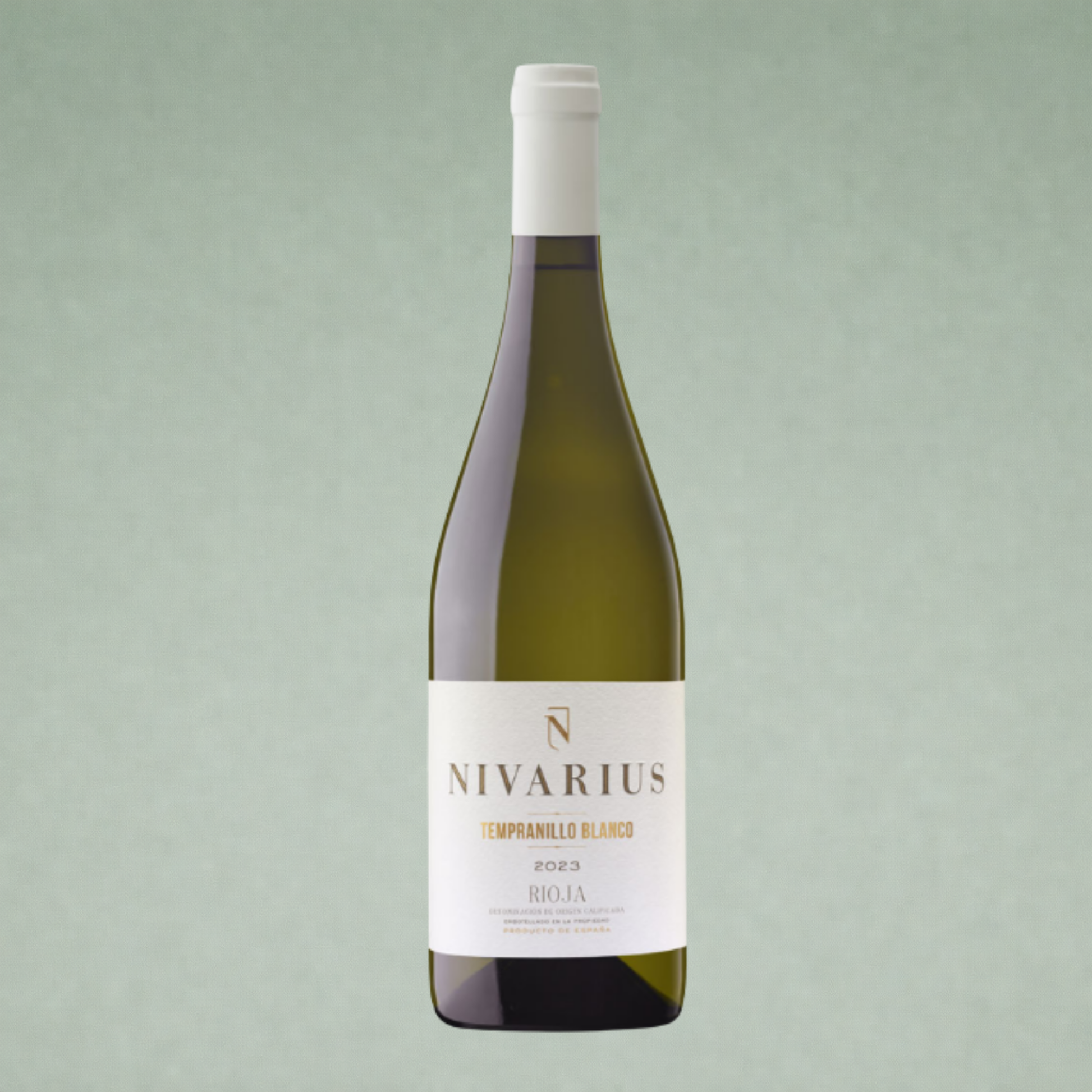 Vino blanco Nivarius Tempranillo Blanco Rioja magnum botella sobre fondo verde