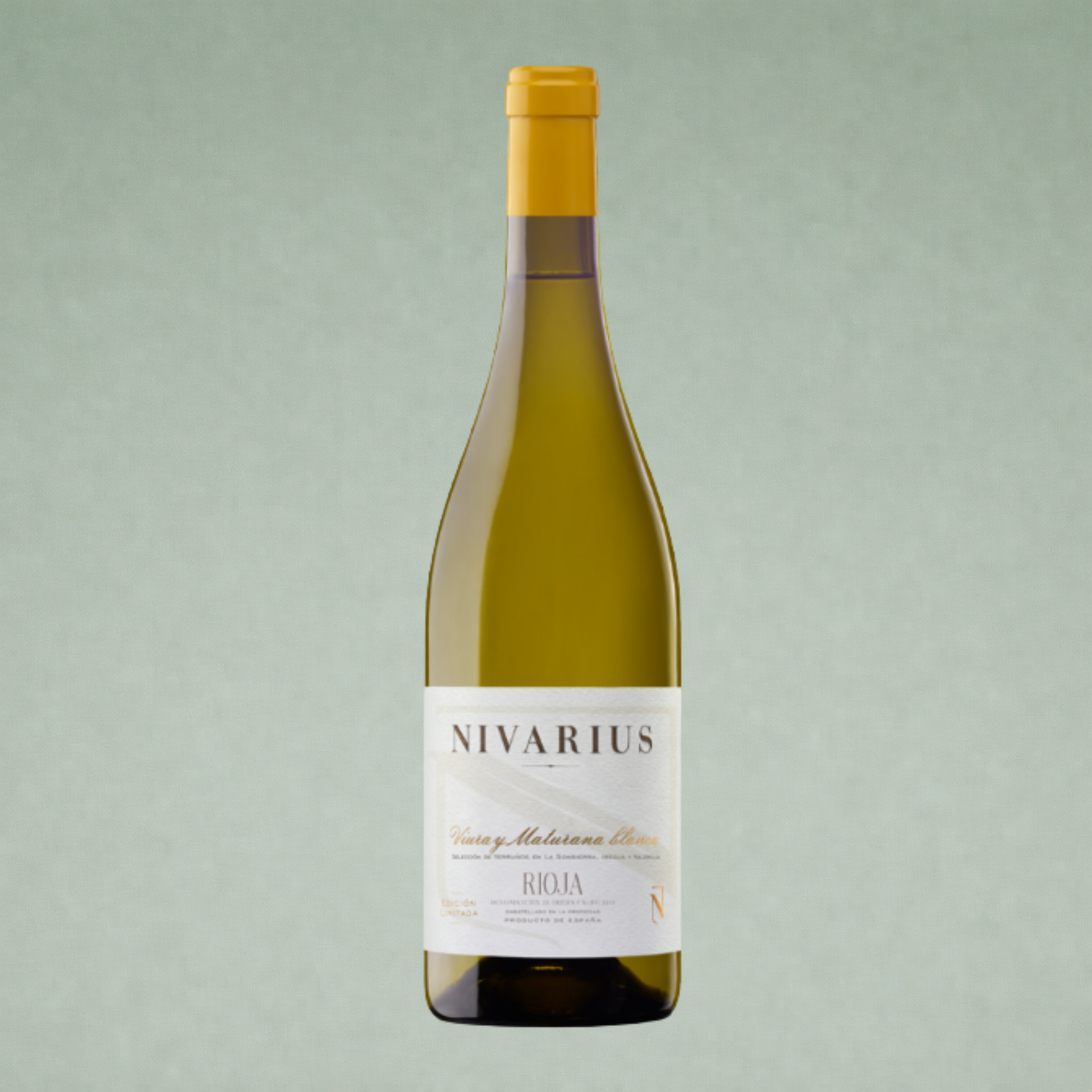 Vino blanco Nivarius Vintage Maturana Blanca Rioja botella sobre fondo verde