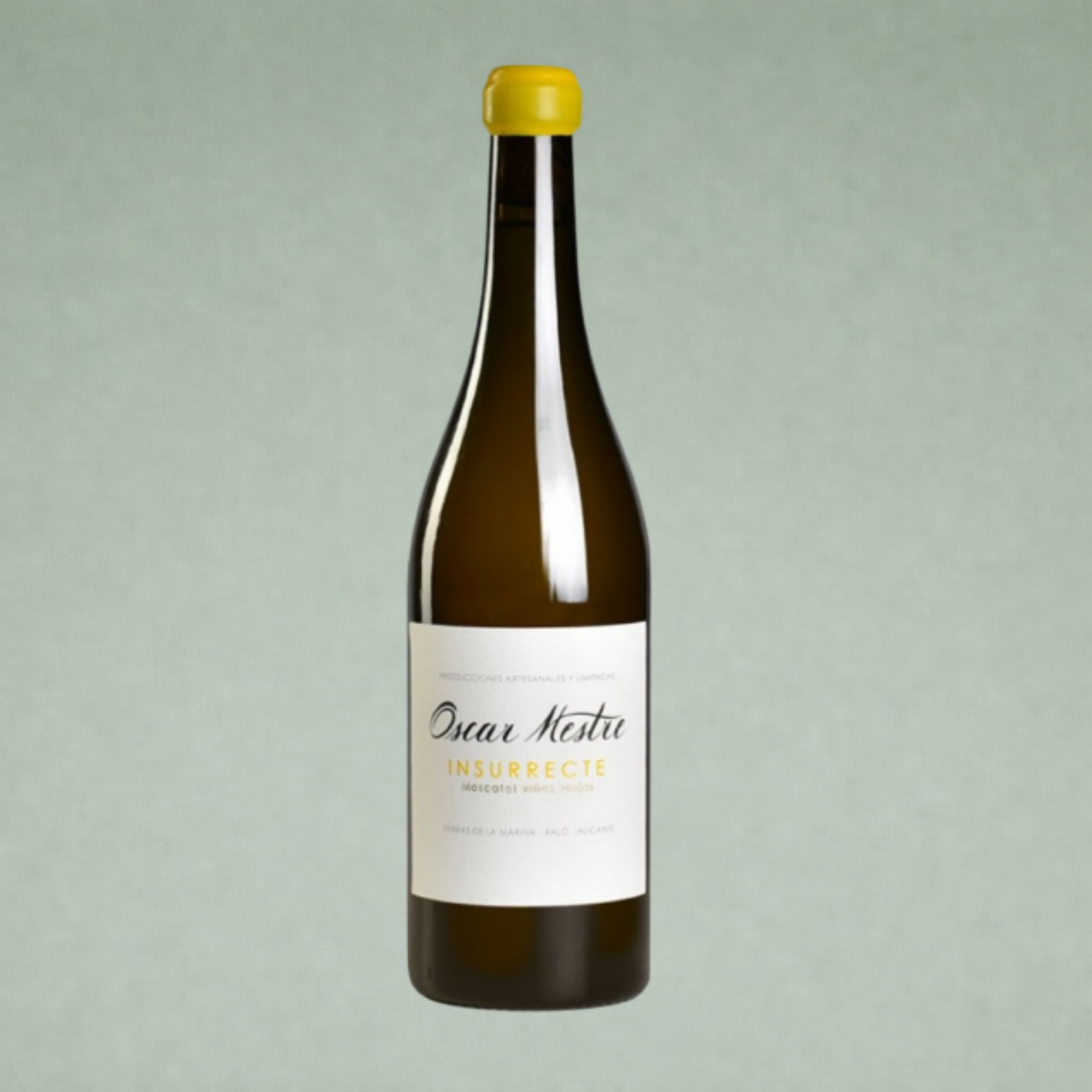 Botella de vino blanco Insurrecte Moscatel de Óscar Mestre elaborada en Jalón con etiqueta minimalista.