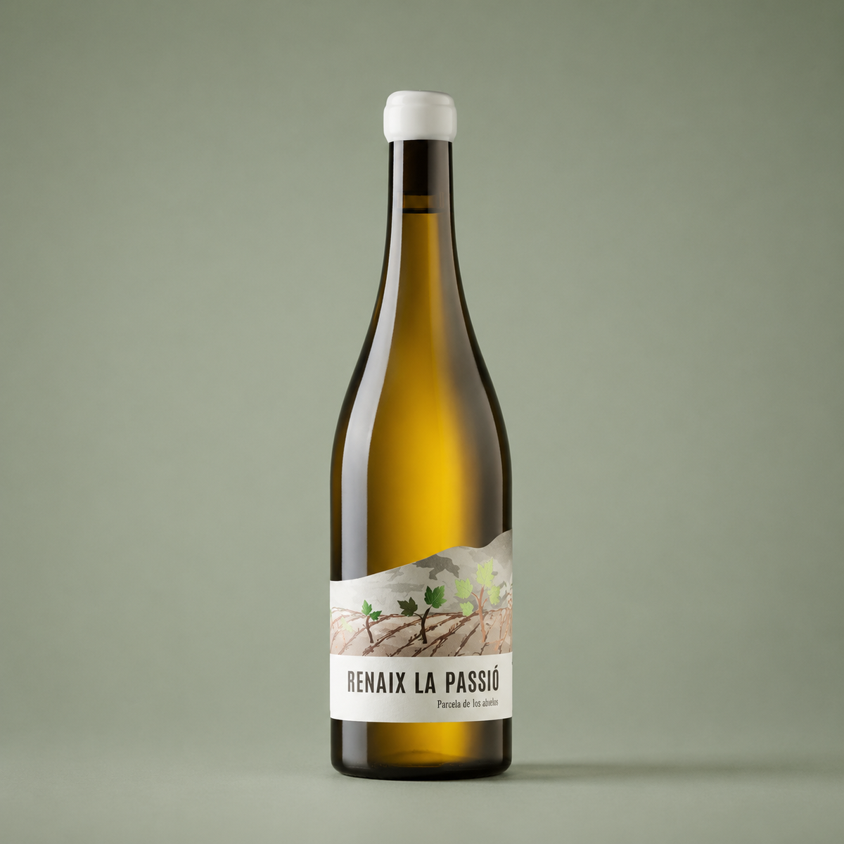 Botella de Renaix la Passió 2024, vino blanco seco de Óscar Mestre elaborado con Moscatel de Alejandría en Xaló, Alicante.