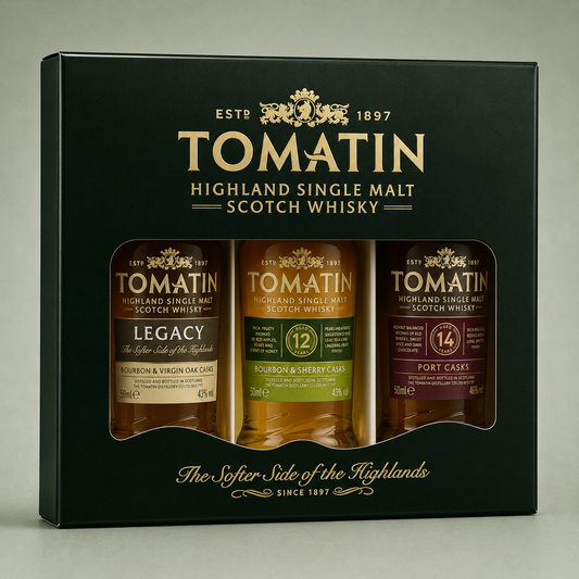 Pack de miniaturas Tomatin Highland Single Malt Scotch Whisky con variedades Legacy, 12 Years y 14 Years Port Casks.