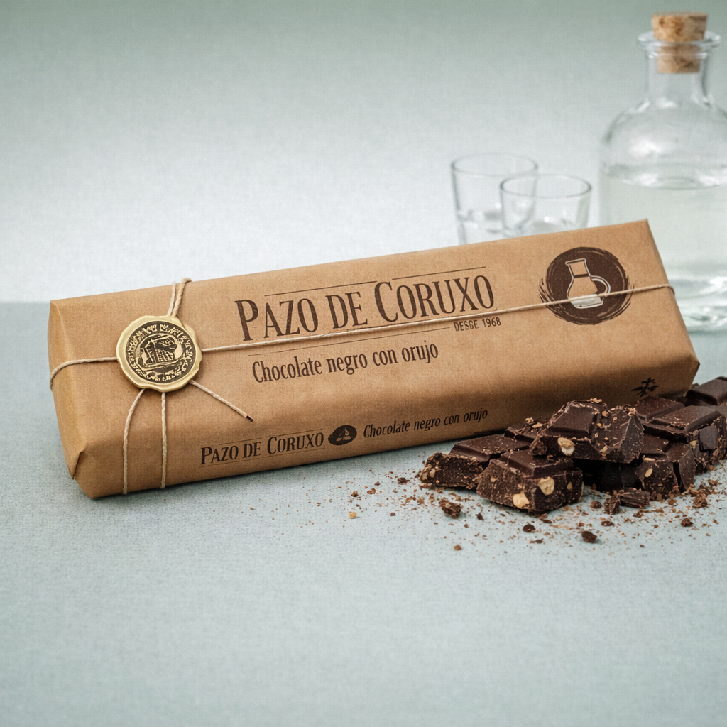 Tableta Pazo de Coruxo chocolate con leche sabor orujo con trozos de chocolate.
