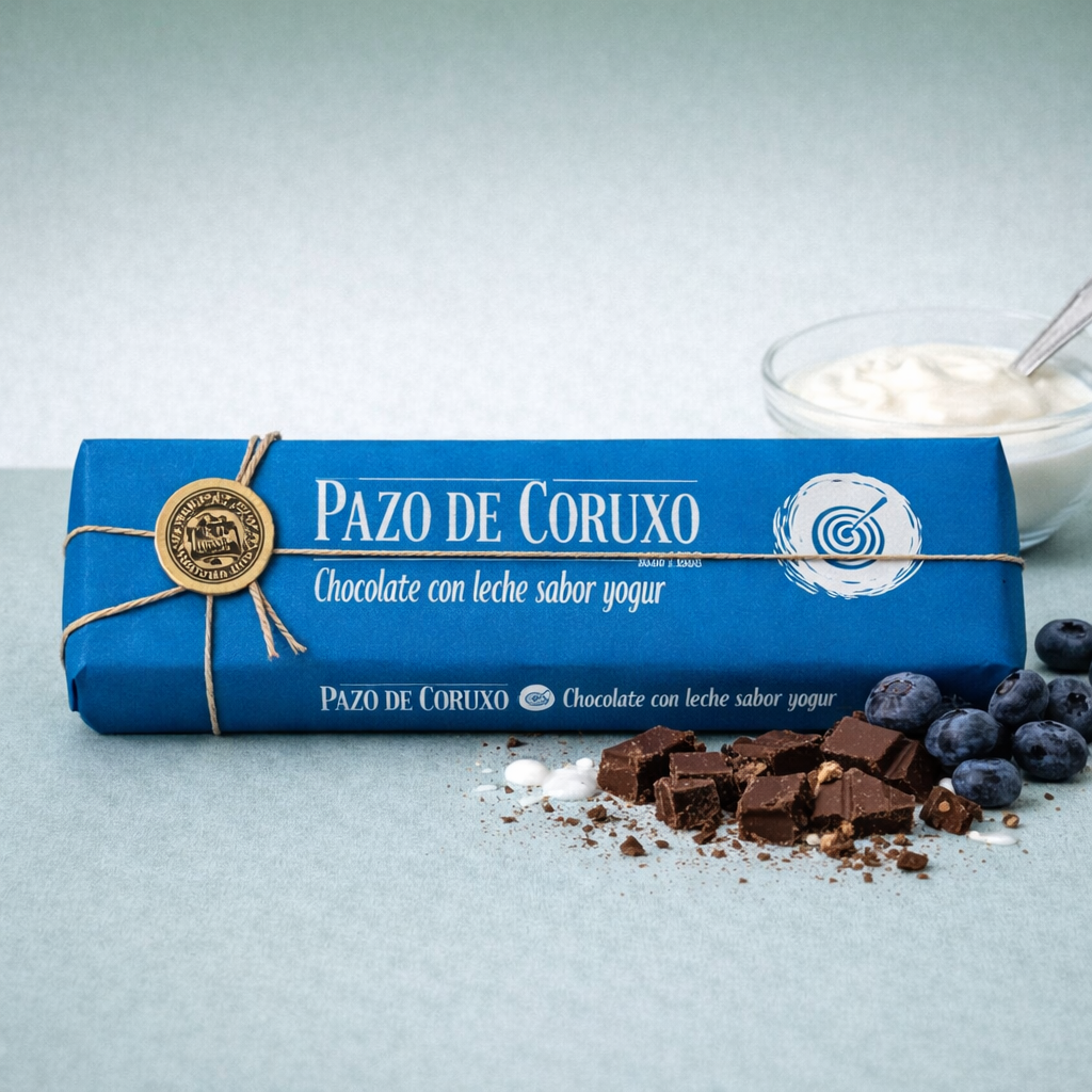 Tableta Pazo de Coruxo chocolate con leche sabor yogur con trozos de chocolate.