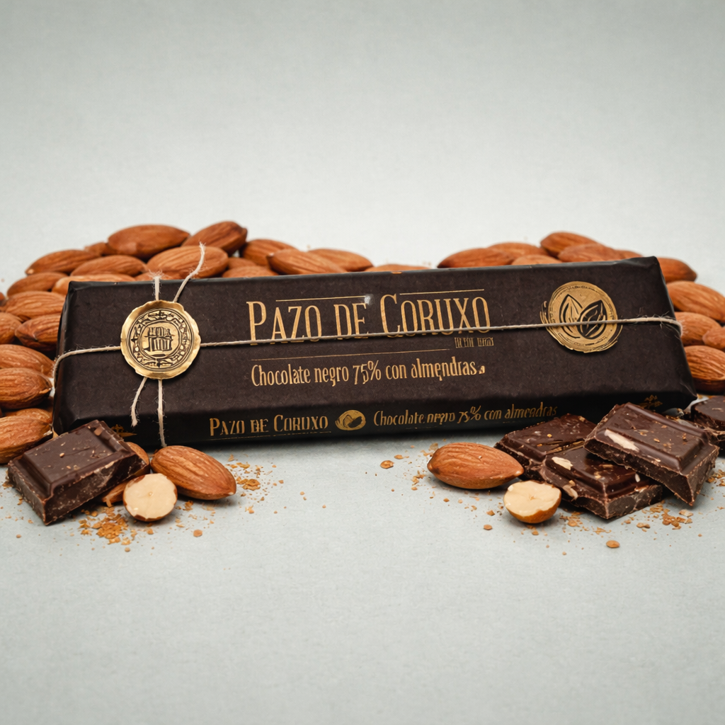 Tableta Pazo de Coruxo chocolate negro 75% con almendras con trozos y frutos secos.
