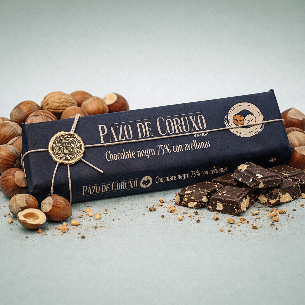 Tableta Pazo de Coruxo chocolate negro 75% con avellanas con trozos y avellanas alrededor.