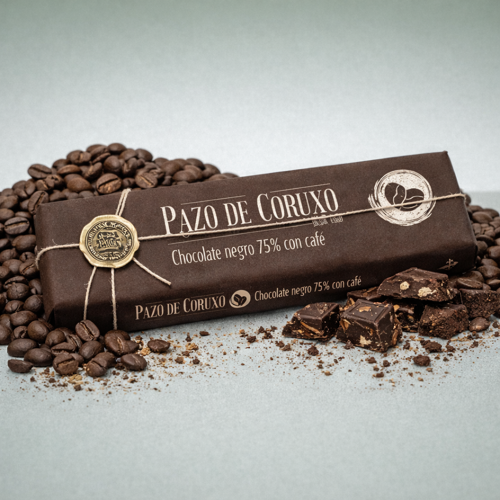 Tableta Pazo de Coruxo chocolate negro 75% con café con granos y trozos de chocolate.