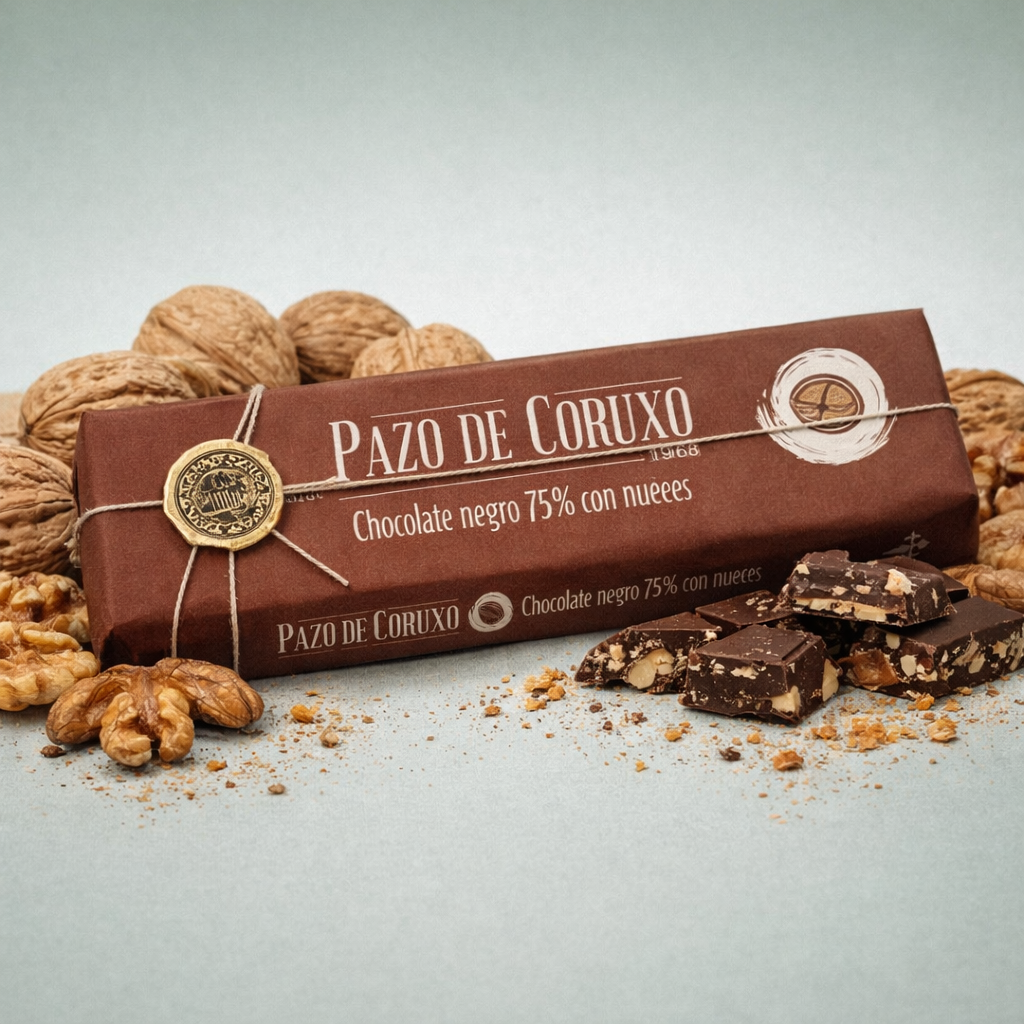 Tableta Pazo de Coruxo chocolate negro 75% con nueces con trozos y nueces alrededor.
