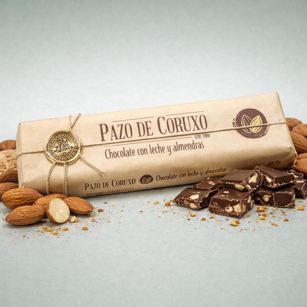 Tableta Pazo de Coruxo chocolate negro con frutos secos con trozos de chocolate y frutos.