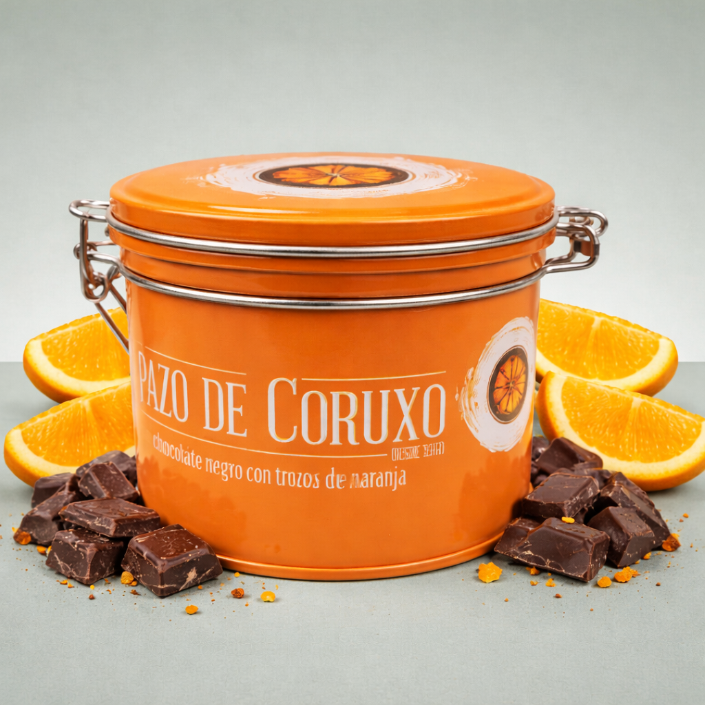 Lata Pazo de Coruxo chocolate negro con trozos de naranja con onzas y rodajas de naranja.