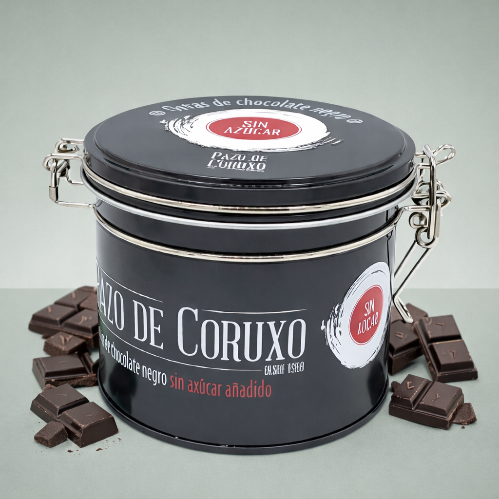 Lata Pazo de Coruxo galletas de chocolate negro sin azúcar con trozos de chocolate.