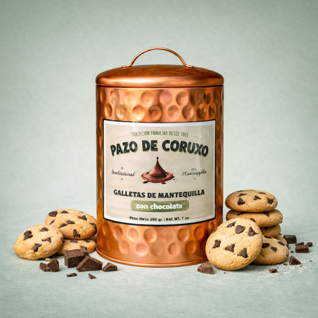 Lata Pazo de Coruxo galletas de mantequilla con chocolate con cookies alrededor.