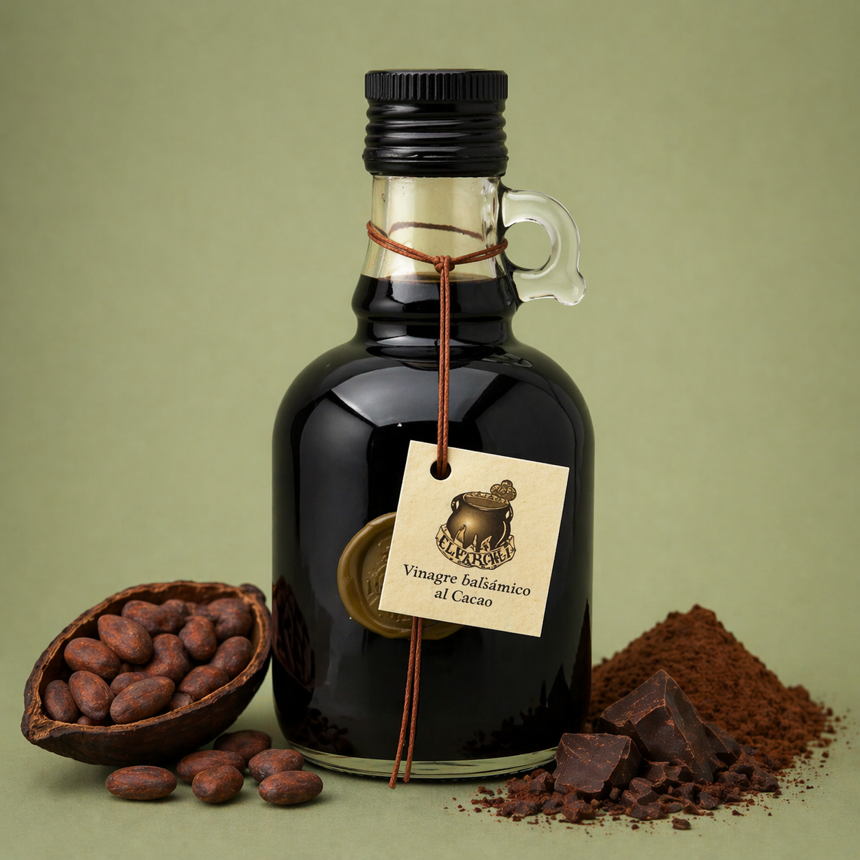 Botella de vinagre balsámico al cacao El Perolet 25cl con granos de cacao y trozos de chocolate sobre fondo neutro.