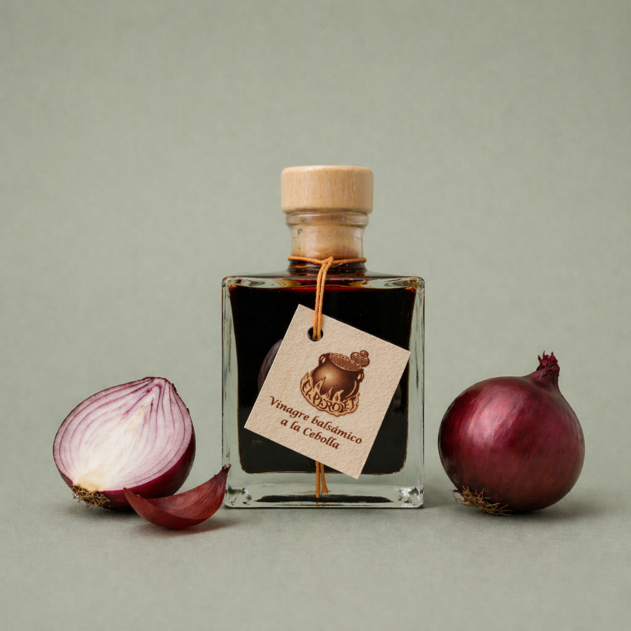 Botella de vinagre balsámico a la cebolla El Perolet 10cl con cebolla roja entera y cortada alrededor.