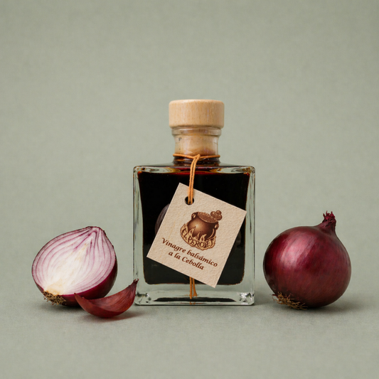 Botella de vinagre balsámico a la cebolla El Perolet 10cl con cebolla roja entera y cortada alrededor.