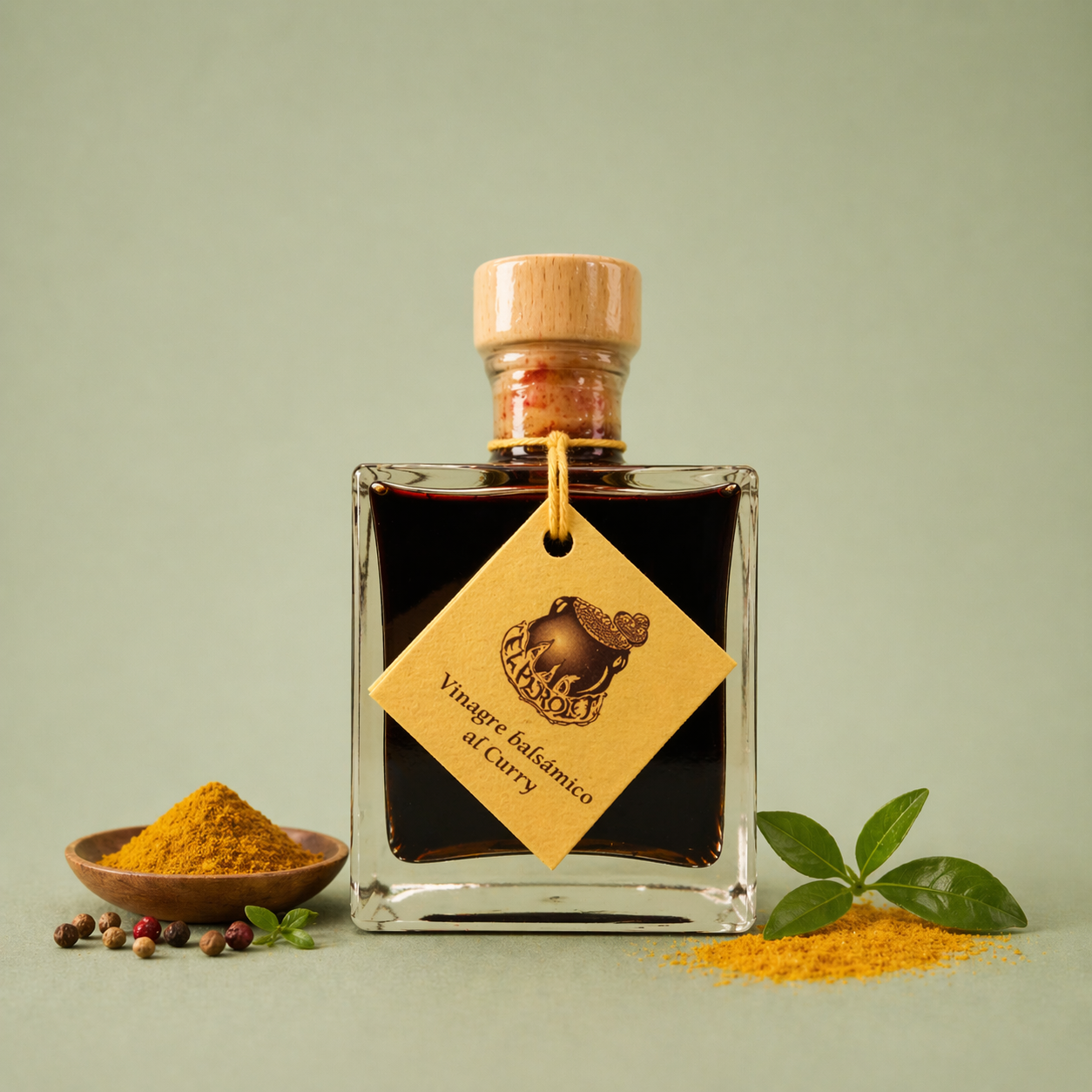 Botella de vinagre balsámico al curry El Perolet 10cl con especias de curry y granos sobre fondo neutro.