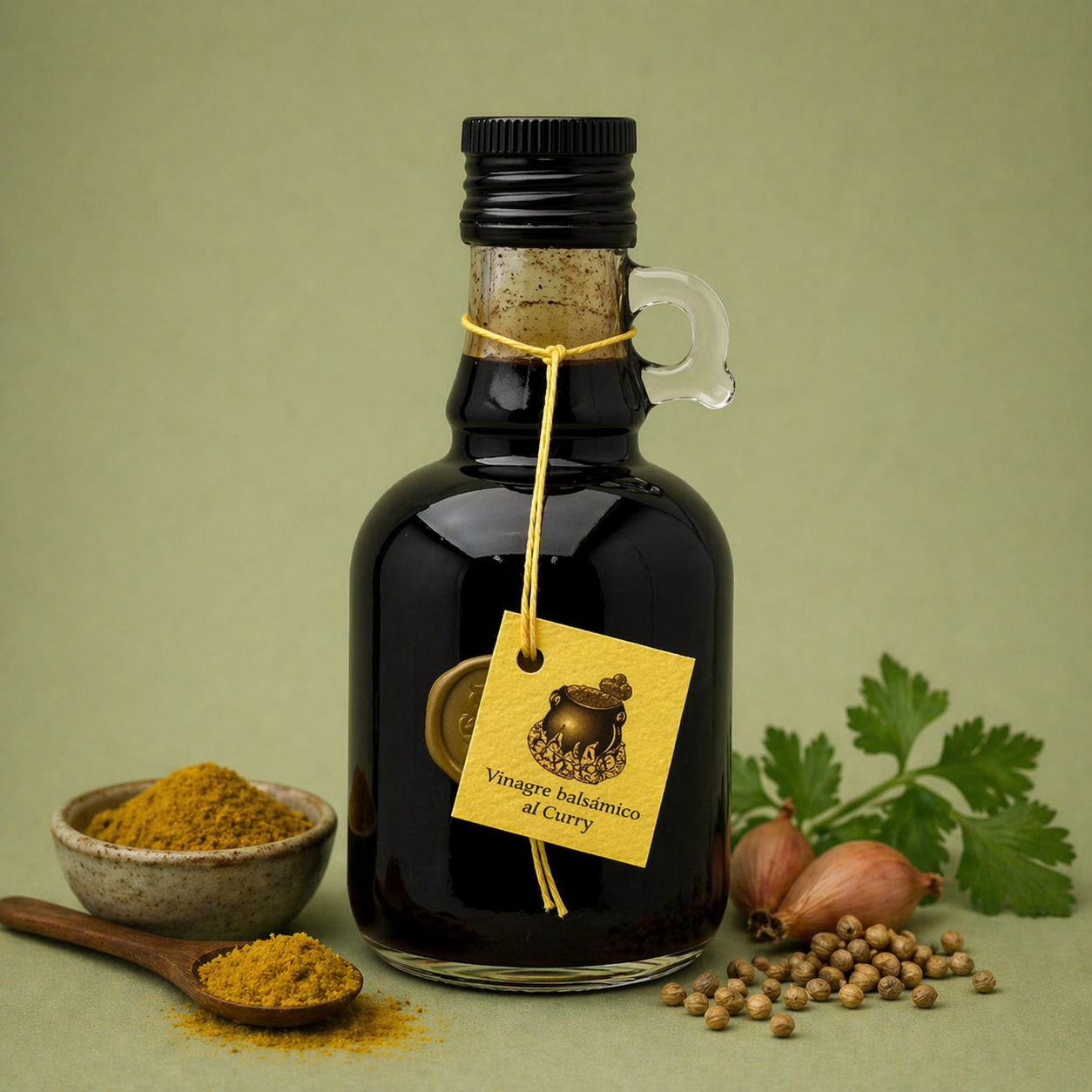 Botella de vinagre balsámico al curry El Perolet 25cl con especias y semillas sobre fondo neutro.