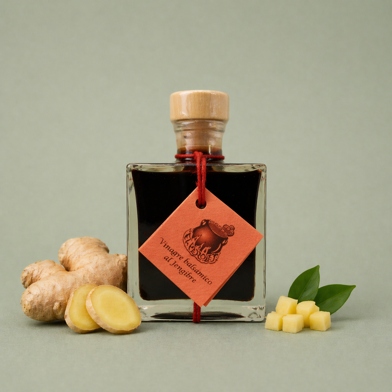 Botella de vinagre balsámico al jengibre El Perolet 10cl con raíz de jengibre fresca y trozos alrededor.