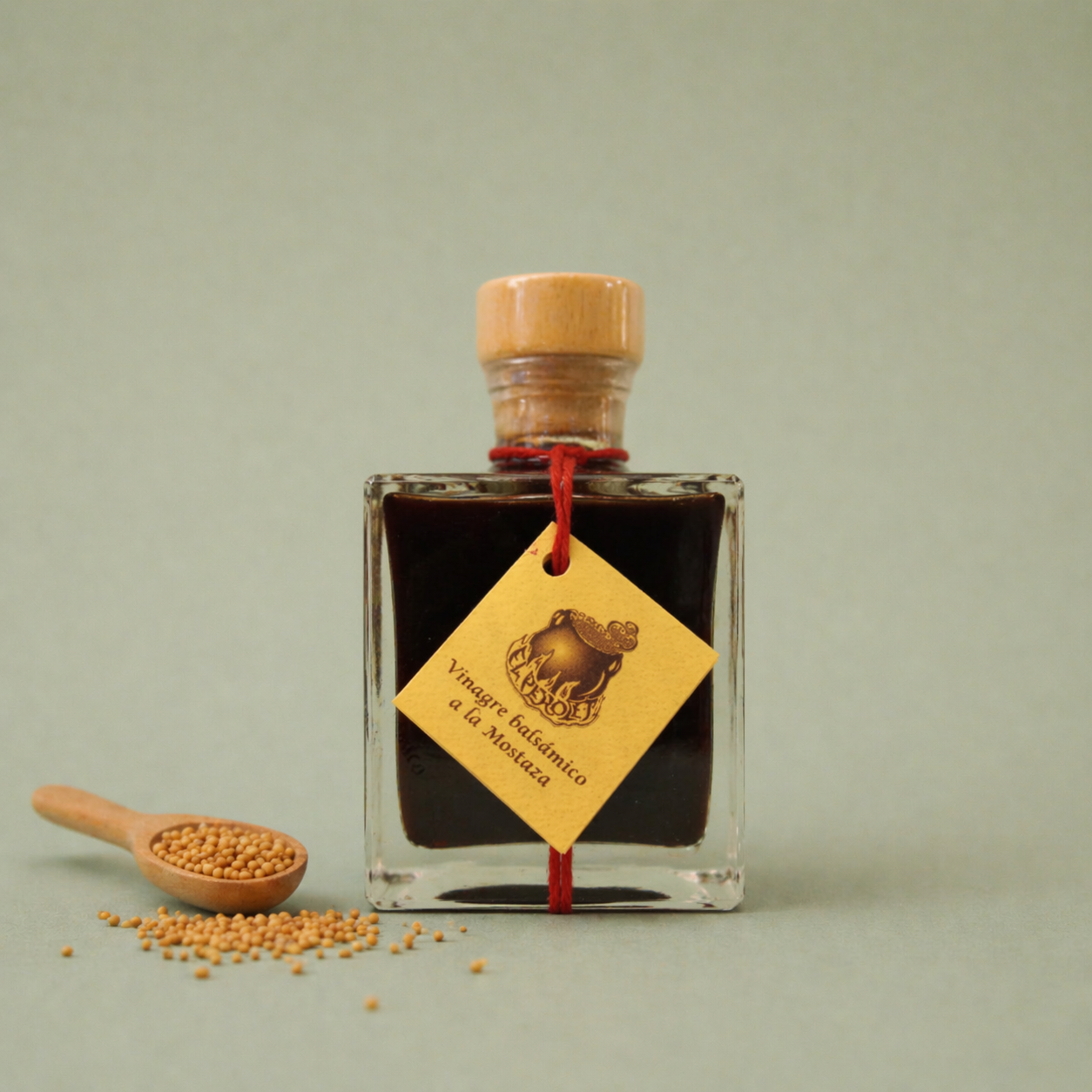 Botella de vinagre balsámico a la mostaza El Perolet 10cl con semillas de mostaza y cuchara sobre fondo neutro.