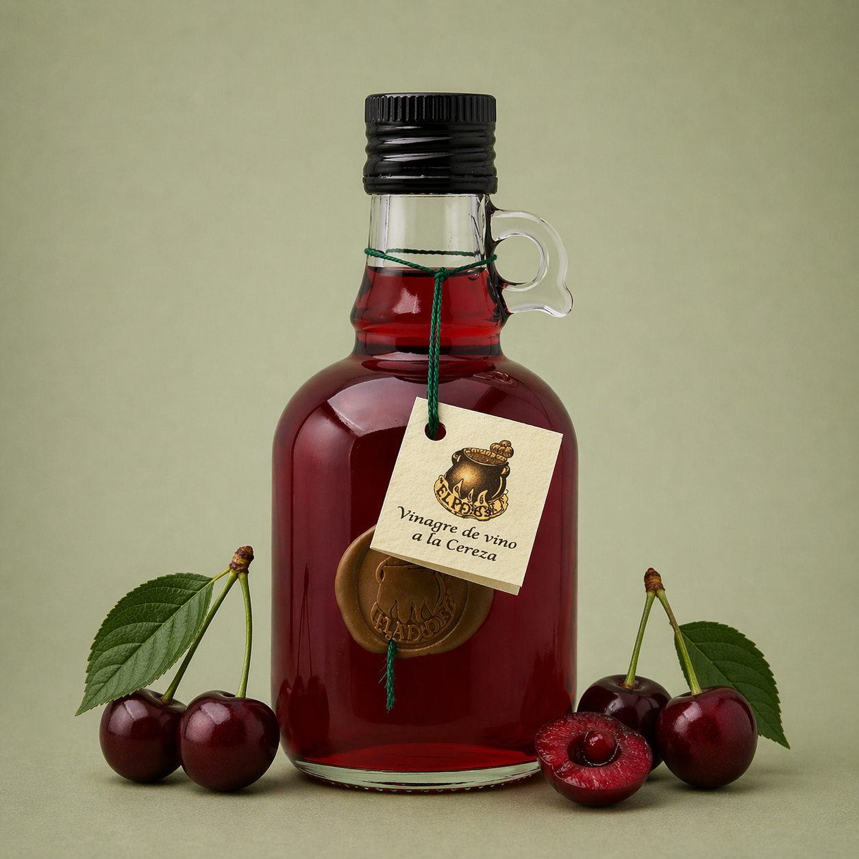 Botella de vinagre de vino a la cereza El Perolet 25cl con cerezas frescas sobre fondo neutro.