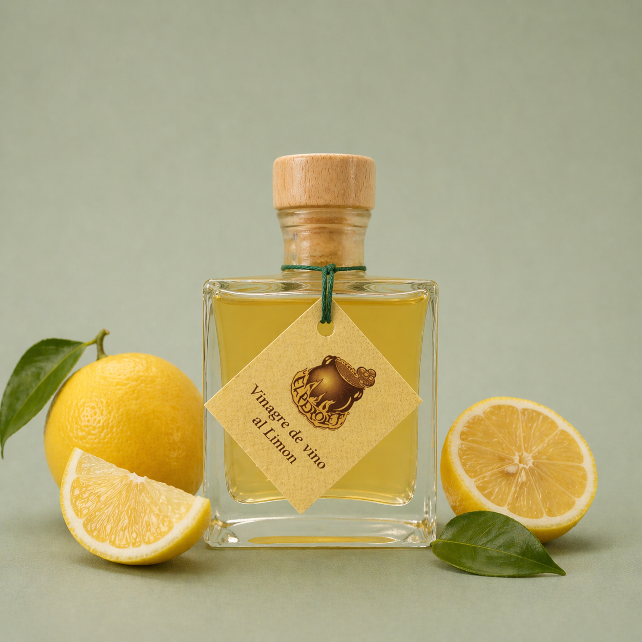 Botella de vinagre de vino al limón El Perolet 10cl con limones frescos cortados y hojas sobre fondo neutro.