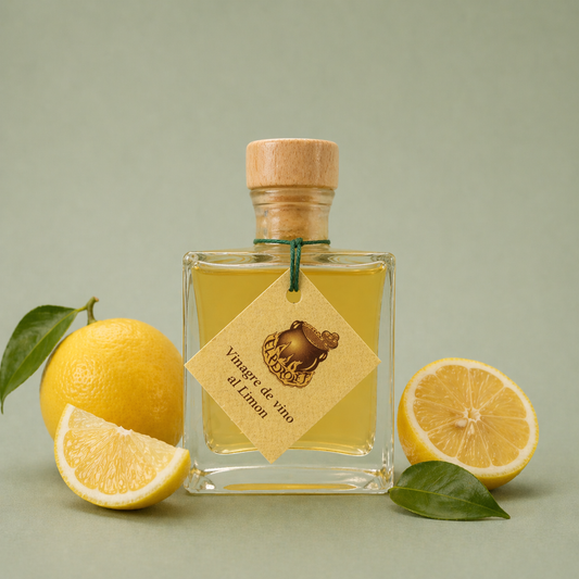 Botella de vinagre de vino al limón El Perolet 10cl con limones frescos cortados y hojas sobre fondo neutro.