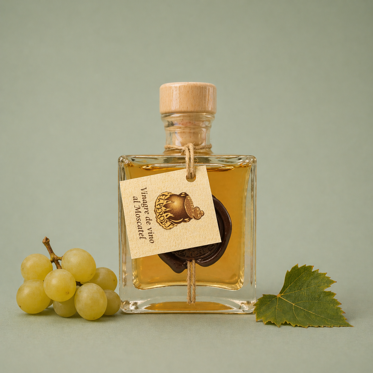 Botella de vinagre de vino al moscatel El Perolet 10cl con uvas blancas y hoja de vid sobre fondo neutro.