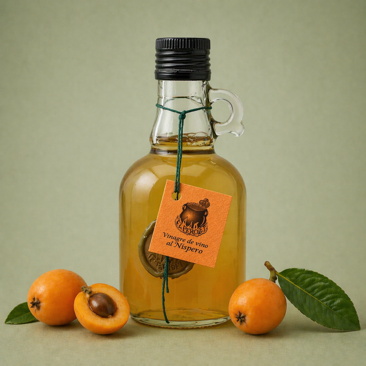 Botella de vinagre de vino al níspero El Perolet 25cl con nísperos frescos sobre fondo neutro.