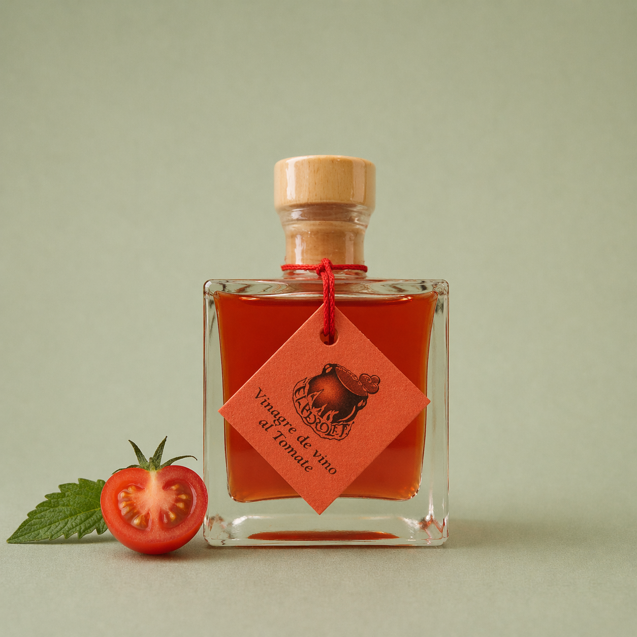 Botella de vinagre de vino al tomate El Perolet 10cl con tomate fresco cortado y hojas sobre fondo neutro.