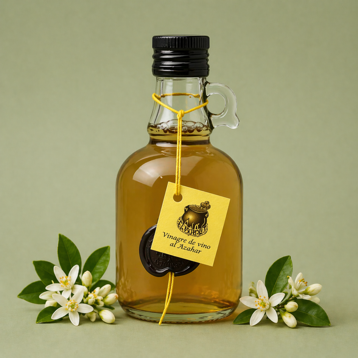 Botella de vinagre de vino al azahar El Perolet 25cl con flores de azahar y hojas verdes sobre fondo neutro.