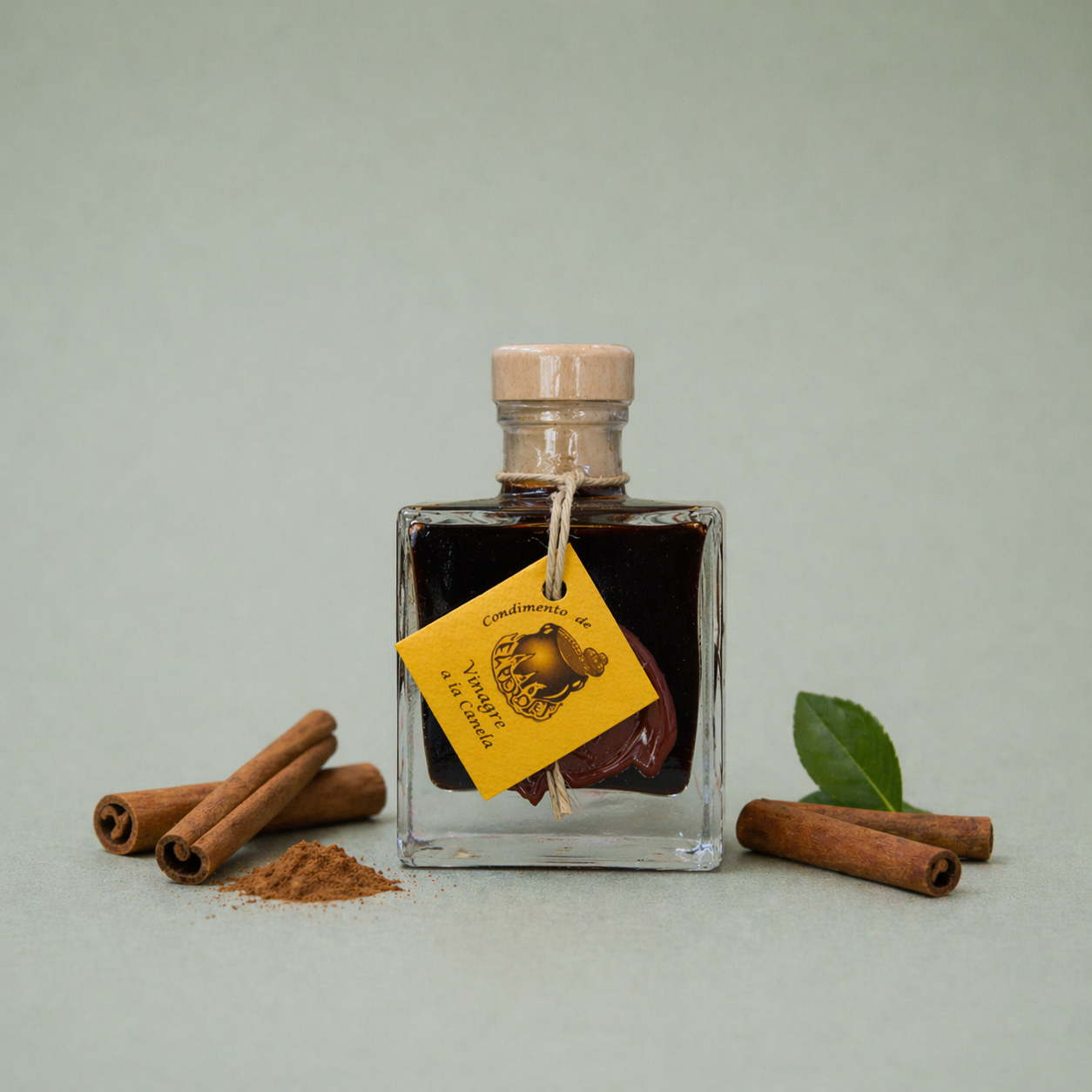 Botella de vinagre de vino a la canela El Perolet 10cl con ramas de canela y especias.
