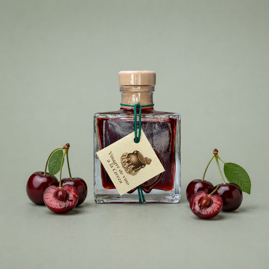 Botella de vinagre de vino a la cereza El Perolet 10cl con cerezas frescas enteras y cortadas alrededor.