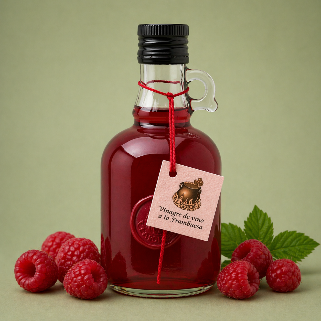 Botella de vinagre de vino a la frambuesa El Perolet 25cl con frambuesas frescas sobre fondo neutro.