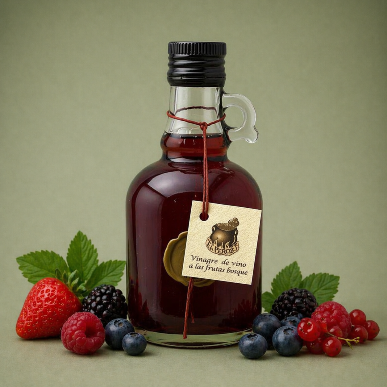 Botella de vinagre de vino a las frutas del bosque El Perolet 25cl con frutos rojos frescos sobre fondo neutro.