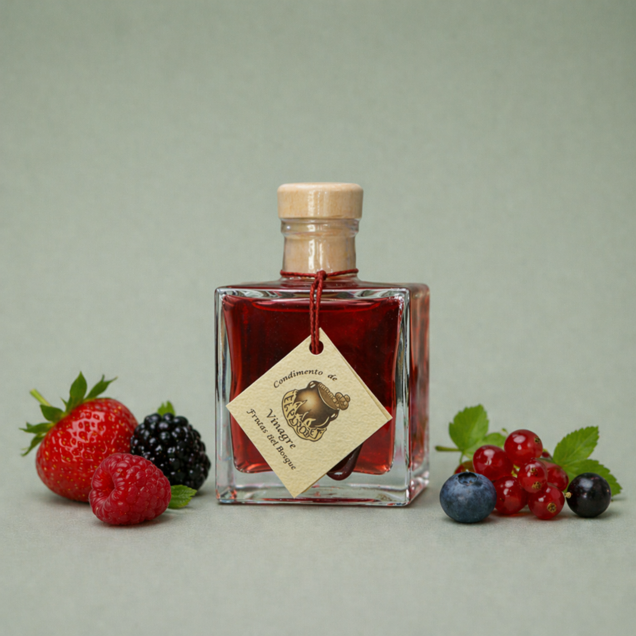 Botella de vinagre de vino con frutos del bosque El Perolet 10cl con fresas, frambuesas y arándanos.