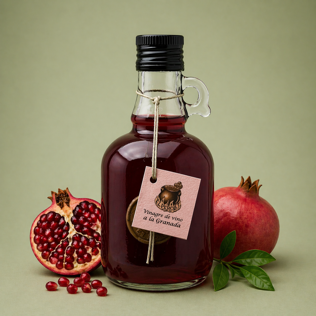 Botella de vinagre de vino a la granada El Perolet 25cl con granadas frescas sobre fondo neutro.