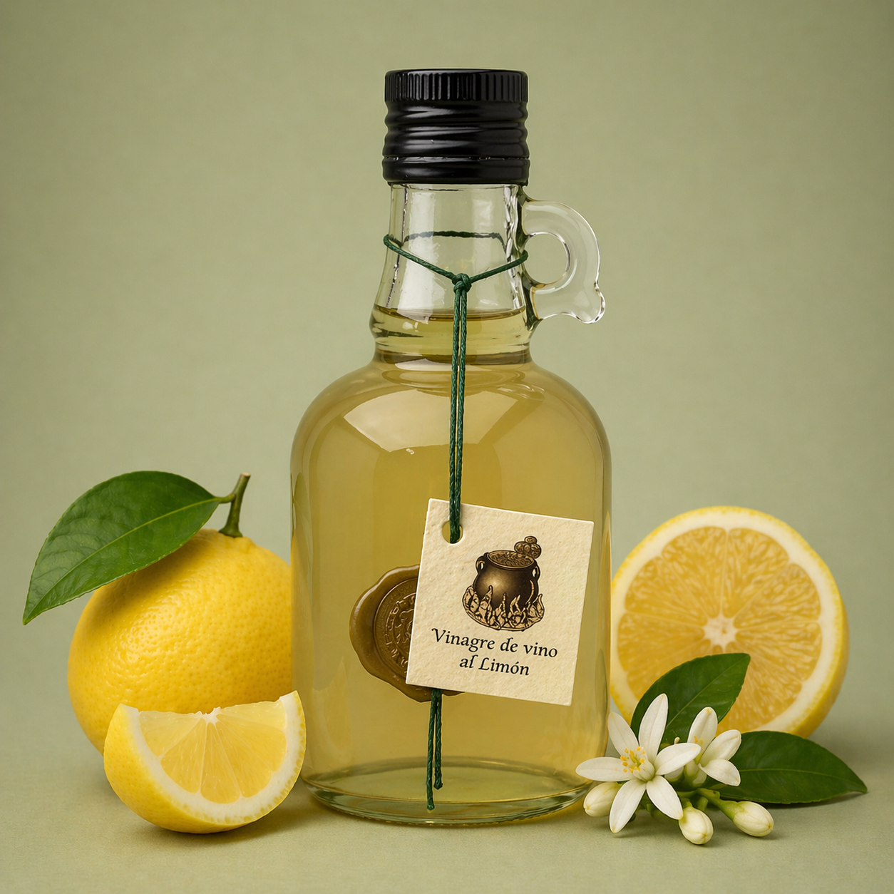 Botella de vinagre de vino al limón El Perolet 25cl con limones frescos y flores sobre fondo neutro.