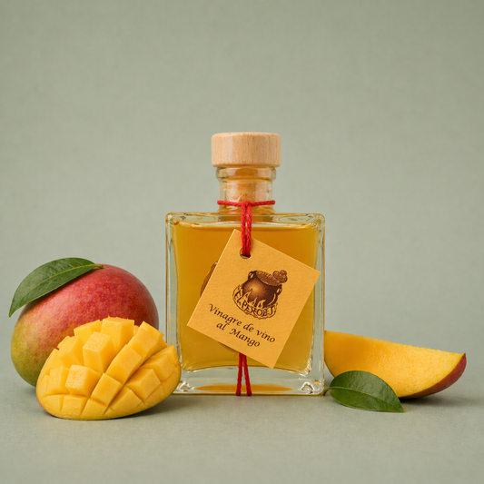 Botella de vinagre de vino al mango El Perolet 10cl con mango entero y cortado en cubos alrededor