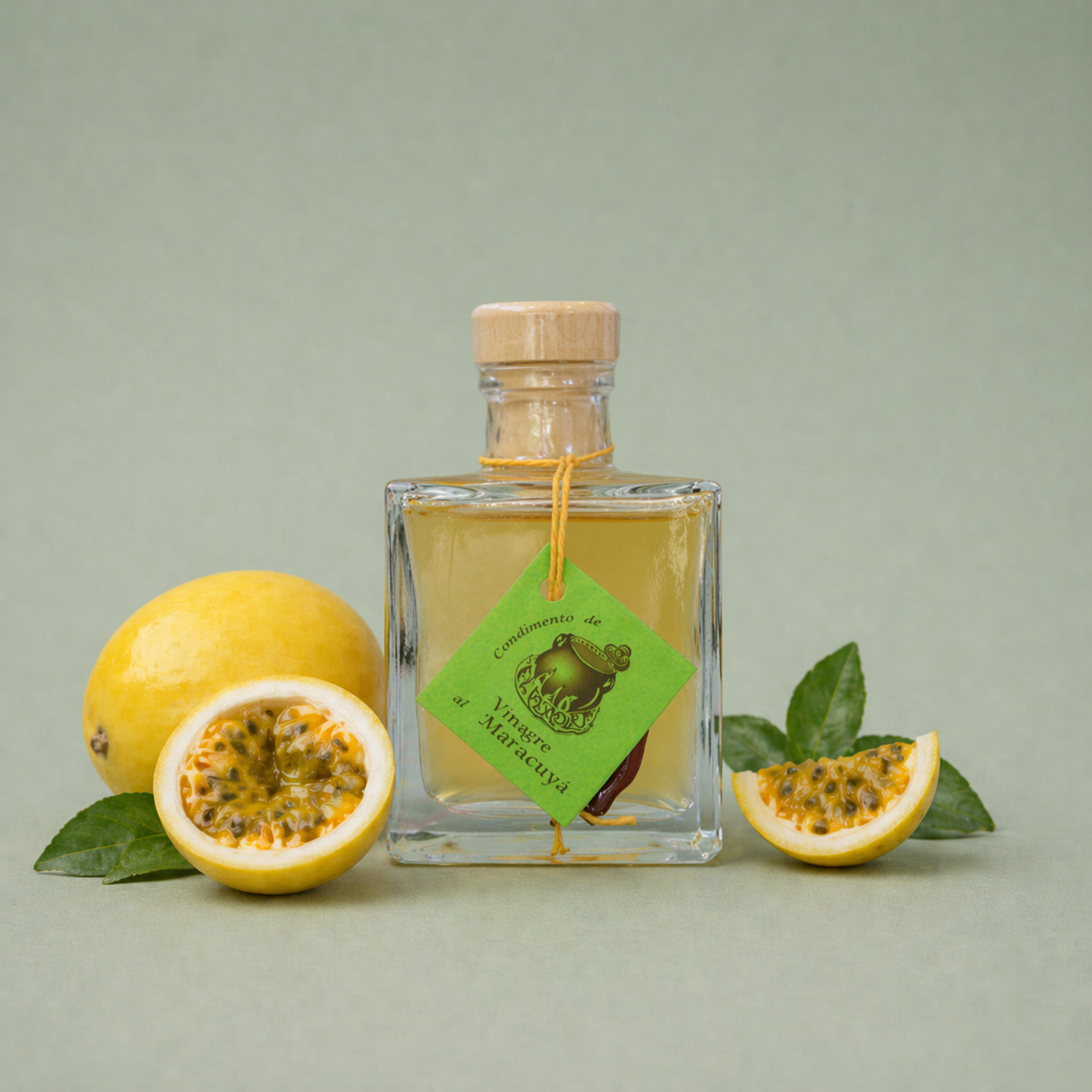 Botella de vinagre de maracuyá artesanal con fruta de la pasión fresca alrededor.