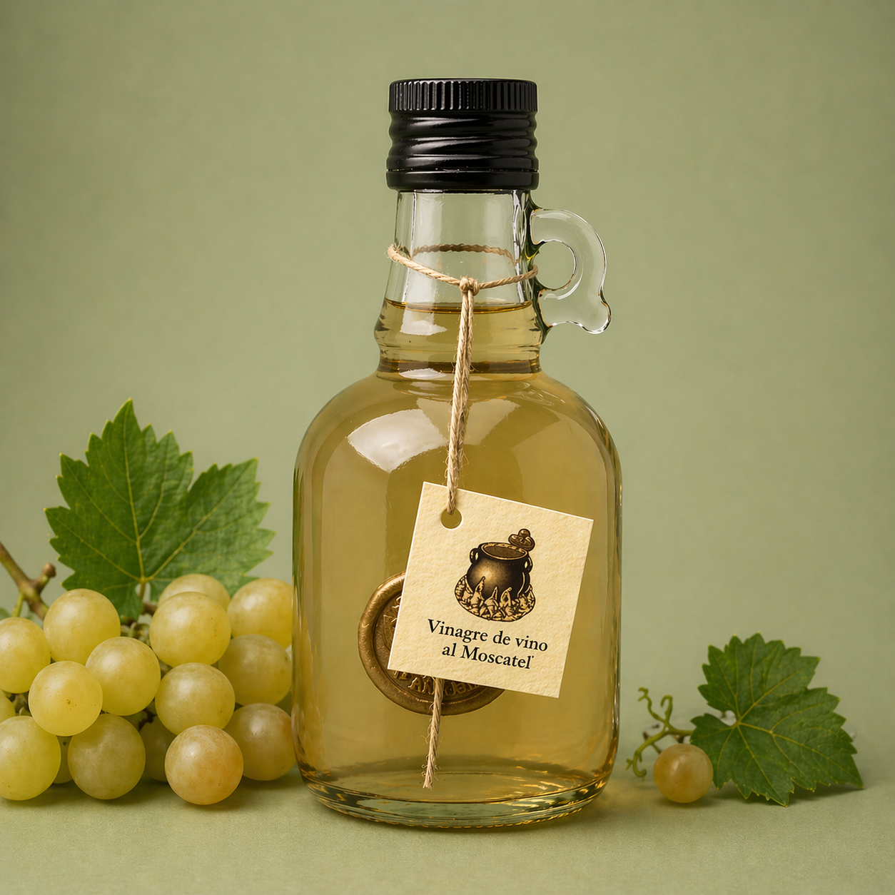 Botella de vinagre de vino al moscatel El Perolet 25cl con uvas blancas frescas sobre fondo neutro.