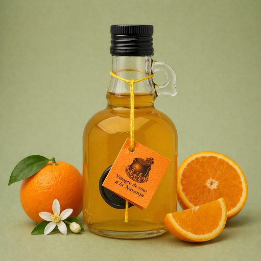 Botella de vinagre de vino a la naranja El Perolet 25cl con naranjas frescas y flor de azahar sobre fondo neutro.