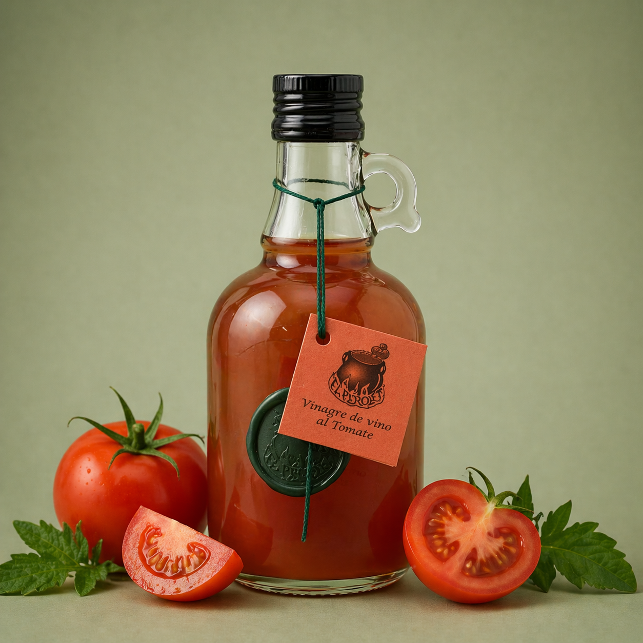 Botella de vinagre de vino al tomate El Perolet 25cl con tomates frescos sobre fondo neutro.