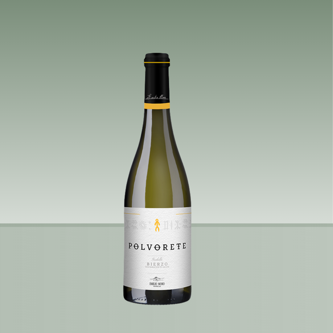 Botella de vino blanco Polvorete de Emilio Moro, variedad Godello, con etiqueta blanca y detalles amarillos. Denominación Bierzo.