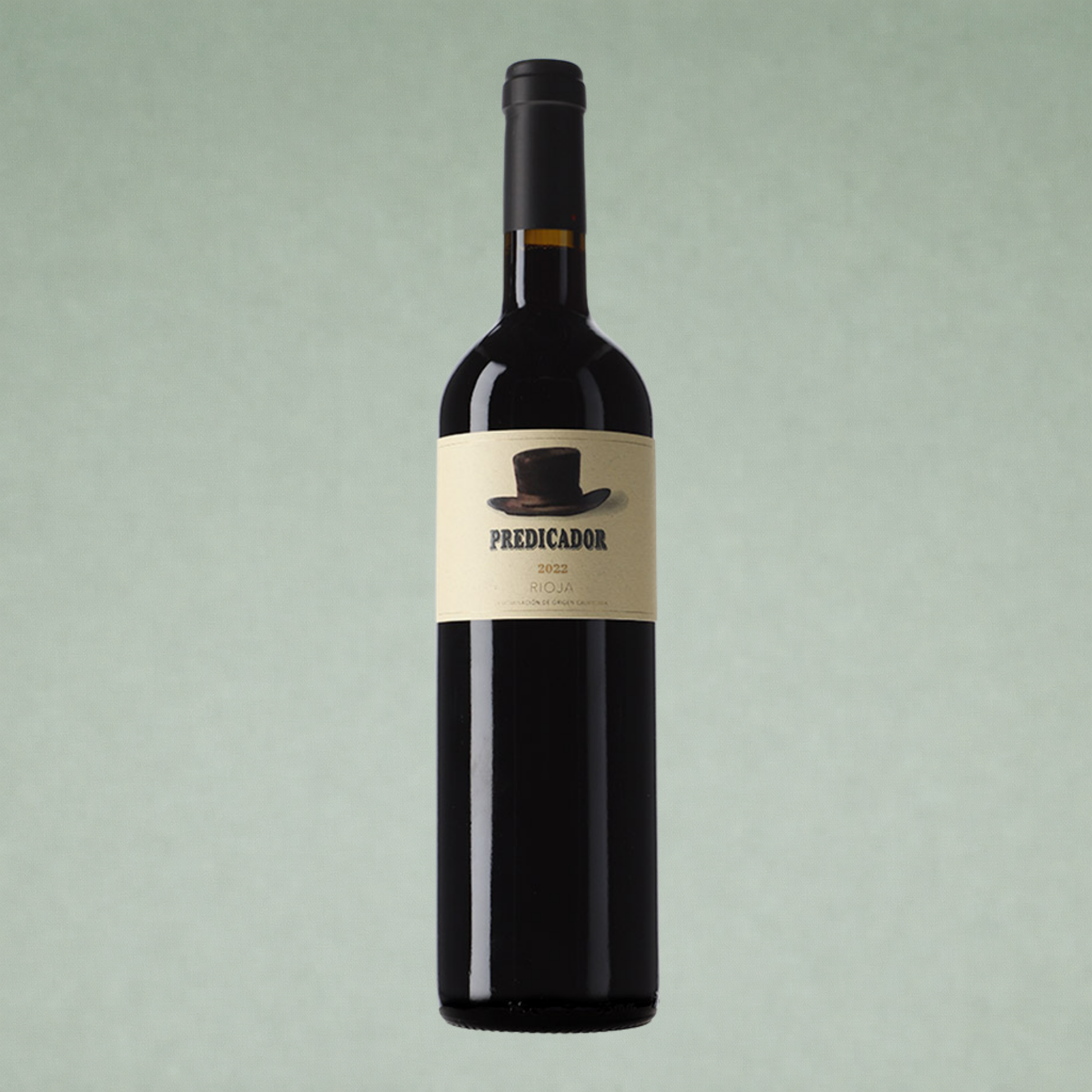 Vino tinto Predicador Rioja botella sobre fondo verde