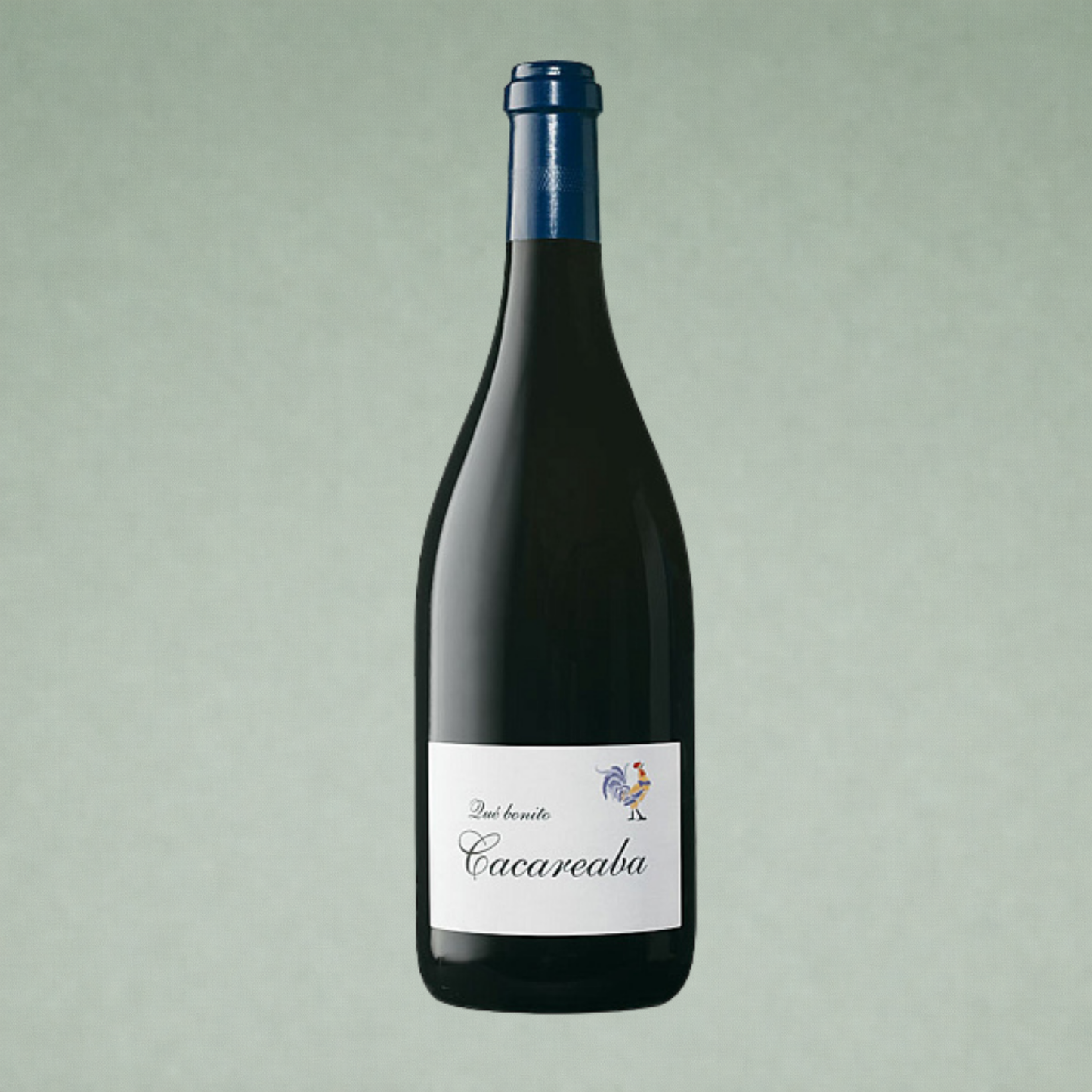 Vino tinto Qué bonito Cacareaba 2021 Rioja botella sobre fondo verde