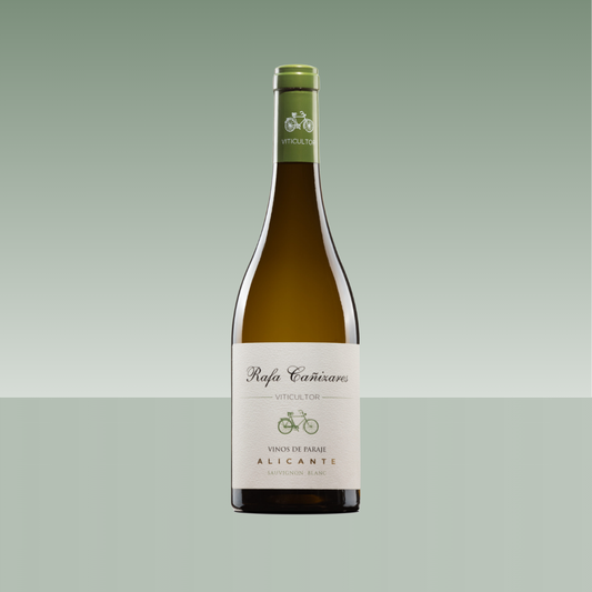 Botella magnum de vino blanco Rafa Cañizares Sauvignon Blanc con cápsula verde y etiqueta blanca con bicicleta verde, sobre fondo verde degradado.